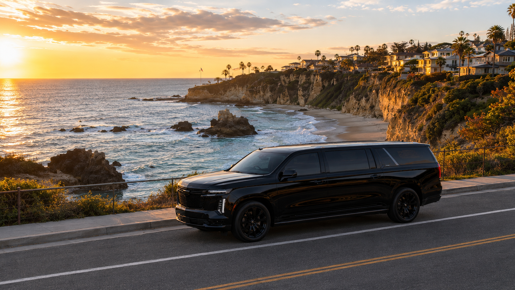 A C Ya Again Executive Transportation black luxury SUV with a professional driver at a Dana Point resort above the harbor.