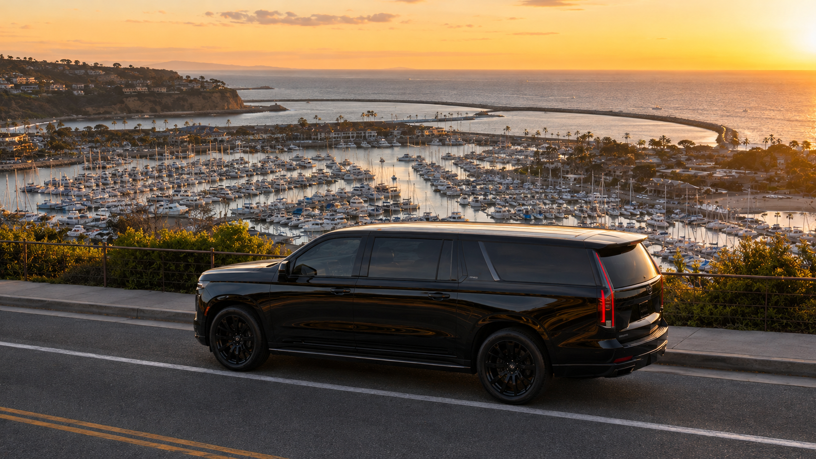 A C Ya Again Executive Transportation black luxury SUV with a professional driver at the arrival court of a Laguna Beach coastal resort.