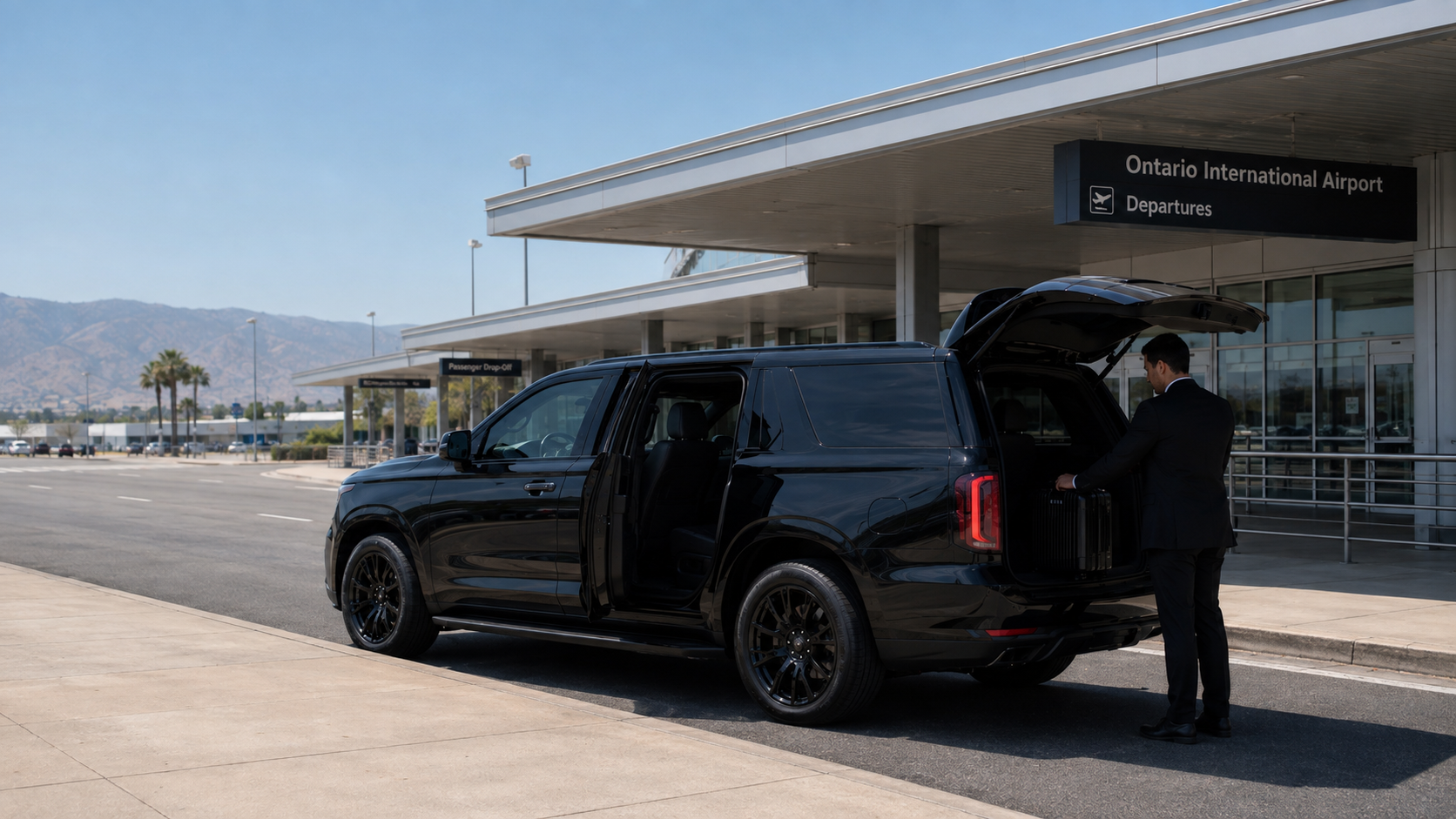 A C Ya Again Executive Transportation black luxury SUV with a professional driver at Ontario International Airport (ONT).